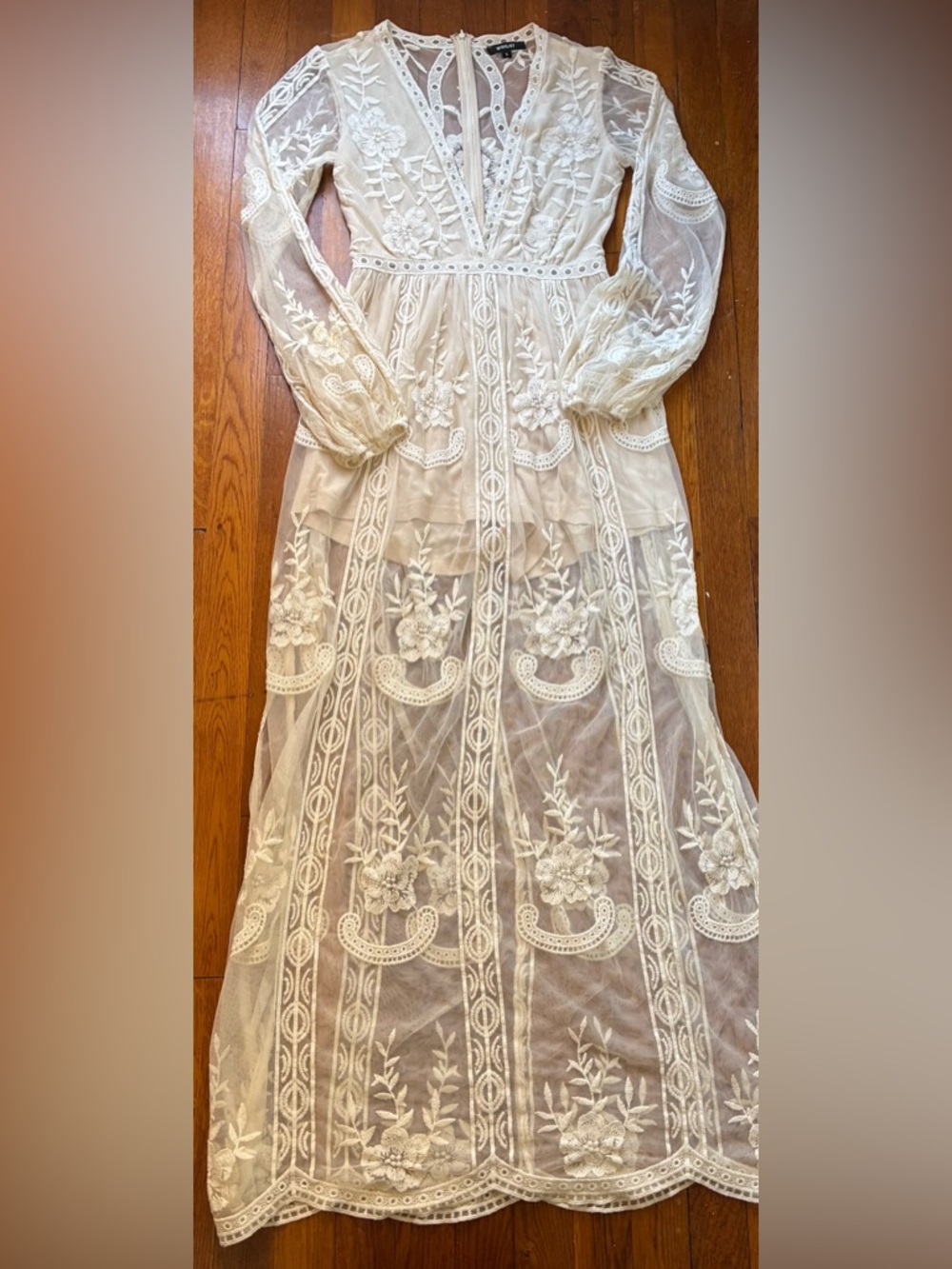 Wishlist Sheer Embroidered Maxi Dress Small Boho Creme - Picture 2 of 16